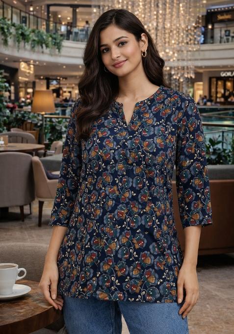 Navy Blue Foil Print Rayon Kurta