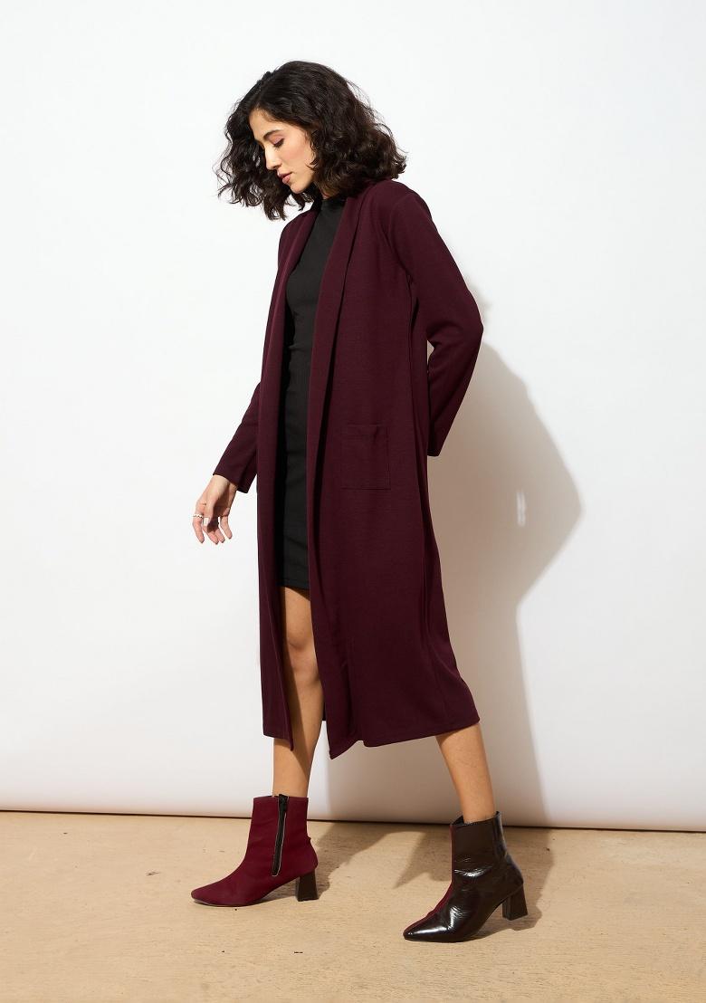 Burgundy Soild Rib Shrug - Indya
