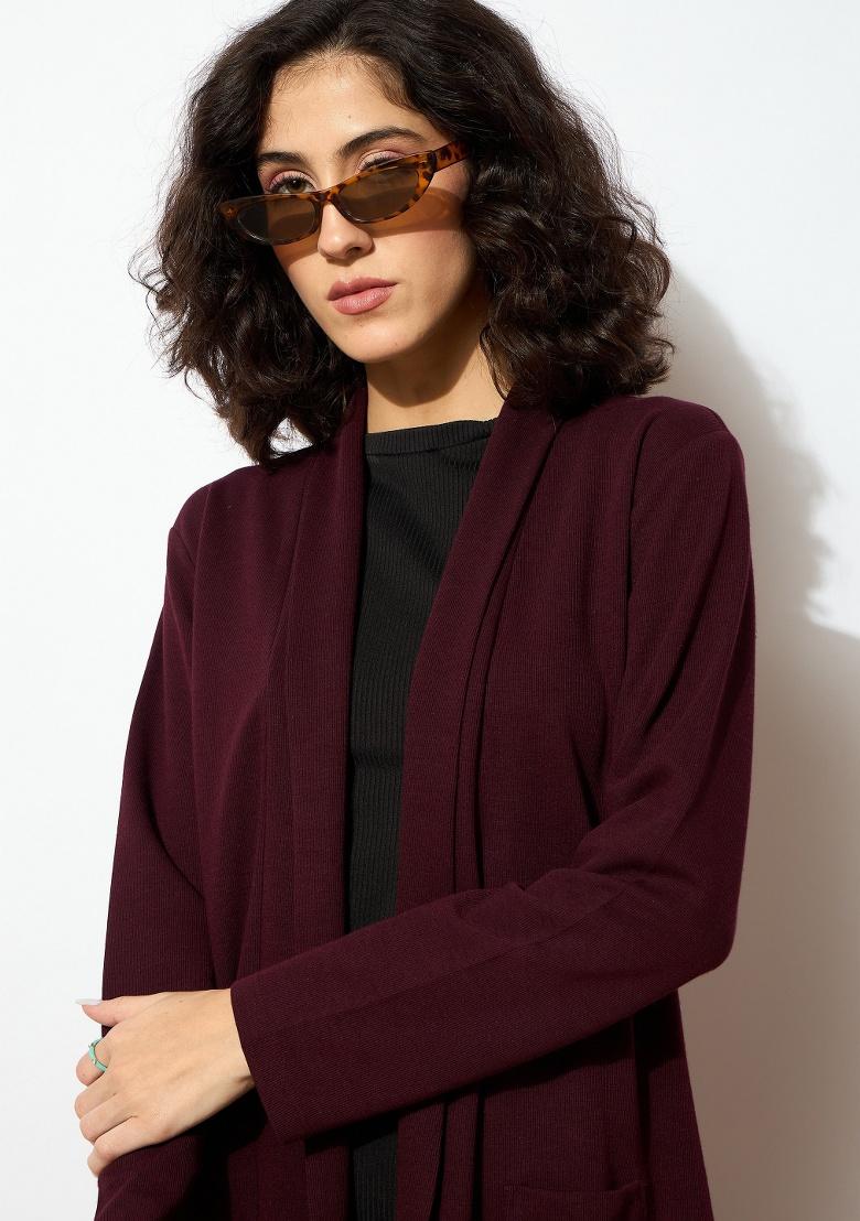 Burgundy Soild Rib Shrug - Indya