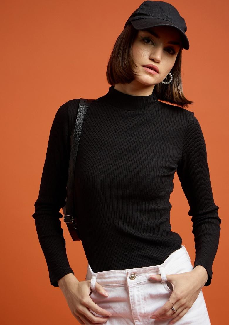 Black Soild Rib Top - Indya