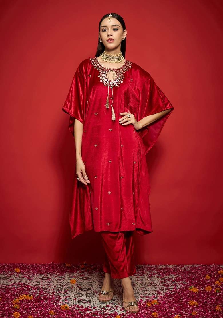 Red Embroidery Velvet Top - Indya