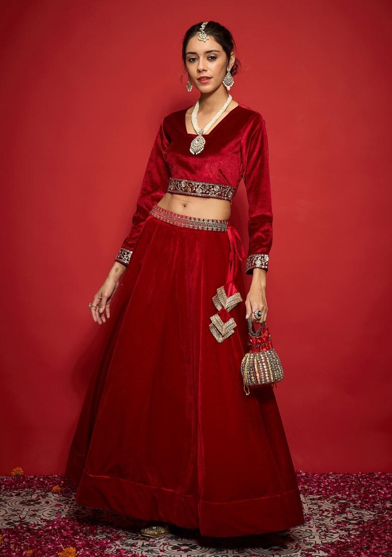 Red Embroidery Velvet Top - Indya