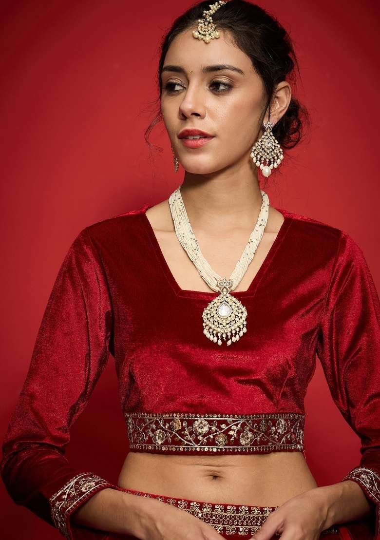 Red Embroidery Velvet Top - Indya