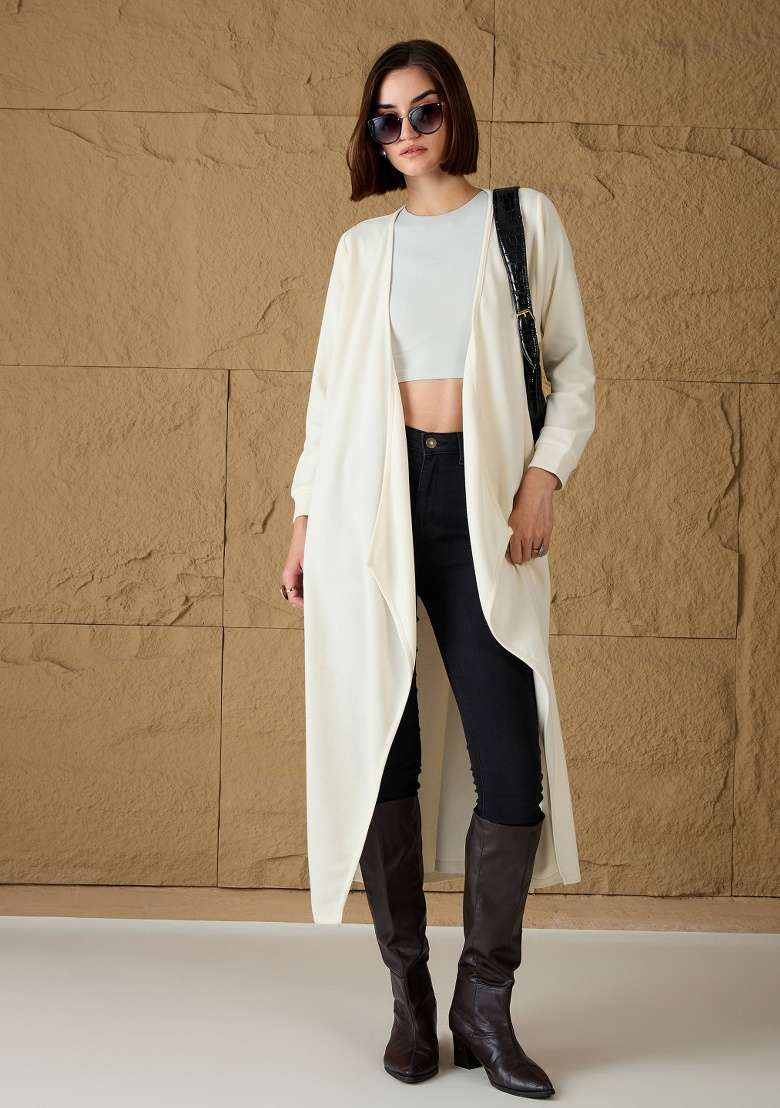 Off White Soild Rib Shrug - Indya