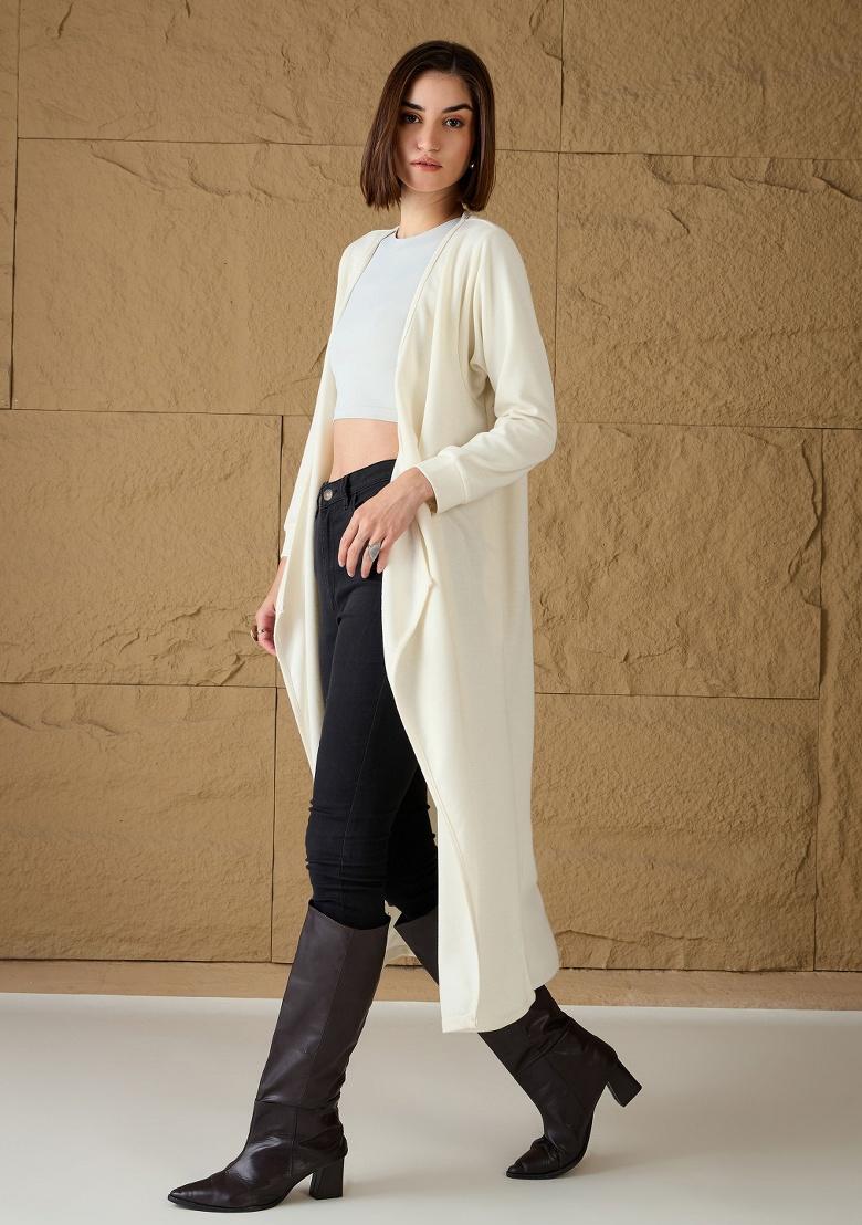 Off White Soild Rib Shrug - Indya