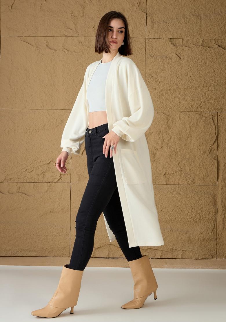 Off White Soild Rib Shrug - Indya