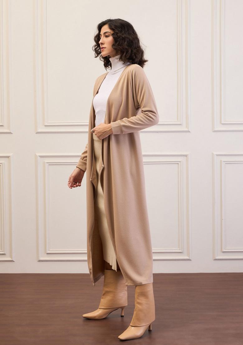 Beige Soild Rib Shrug - Indya
