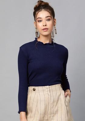 Navy Blue Soild Rib Top