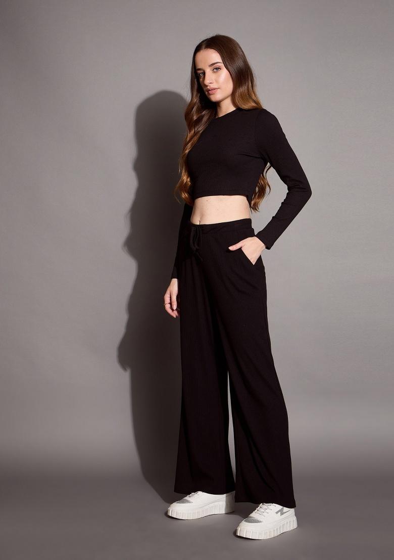 Black Self Design Rib Top - Indya