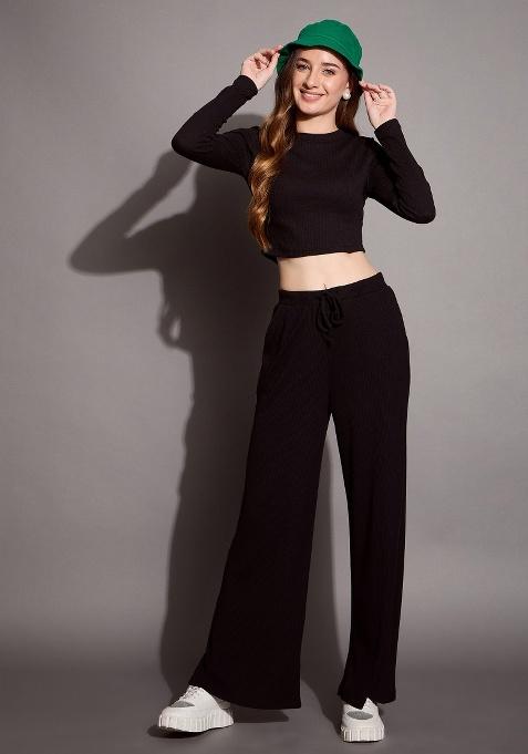 Black Self Design Rib Top