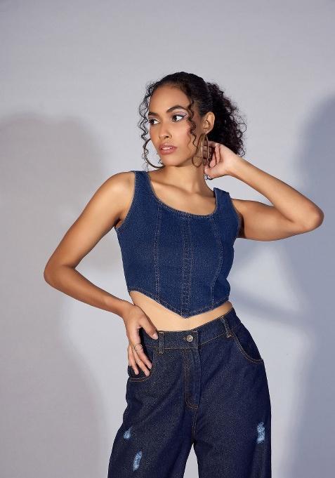 Navy Blue Soild Rib Top