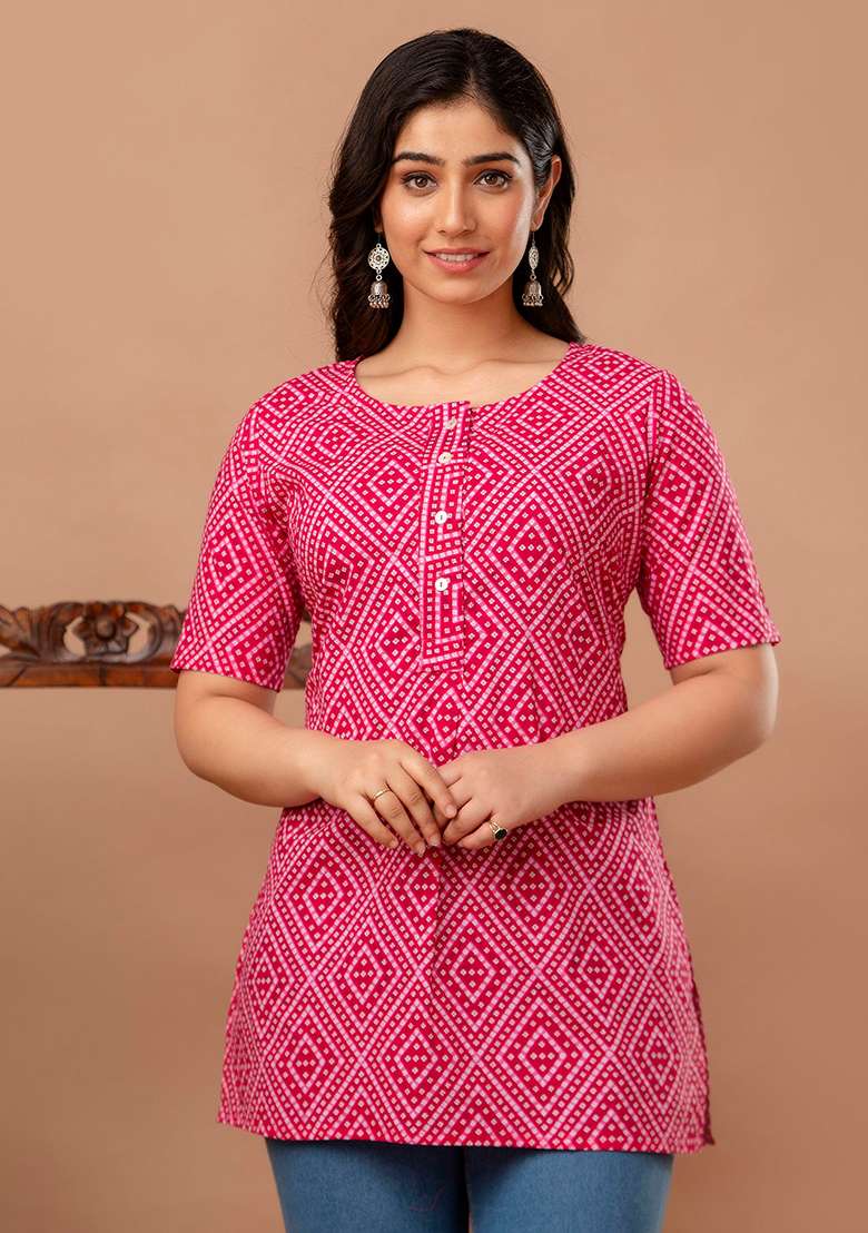 Pink Bandhani Cotton Kurta - Indya