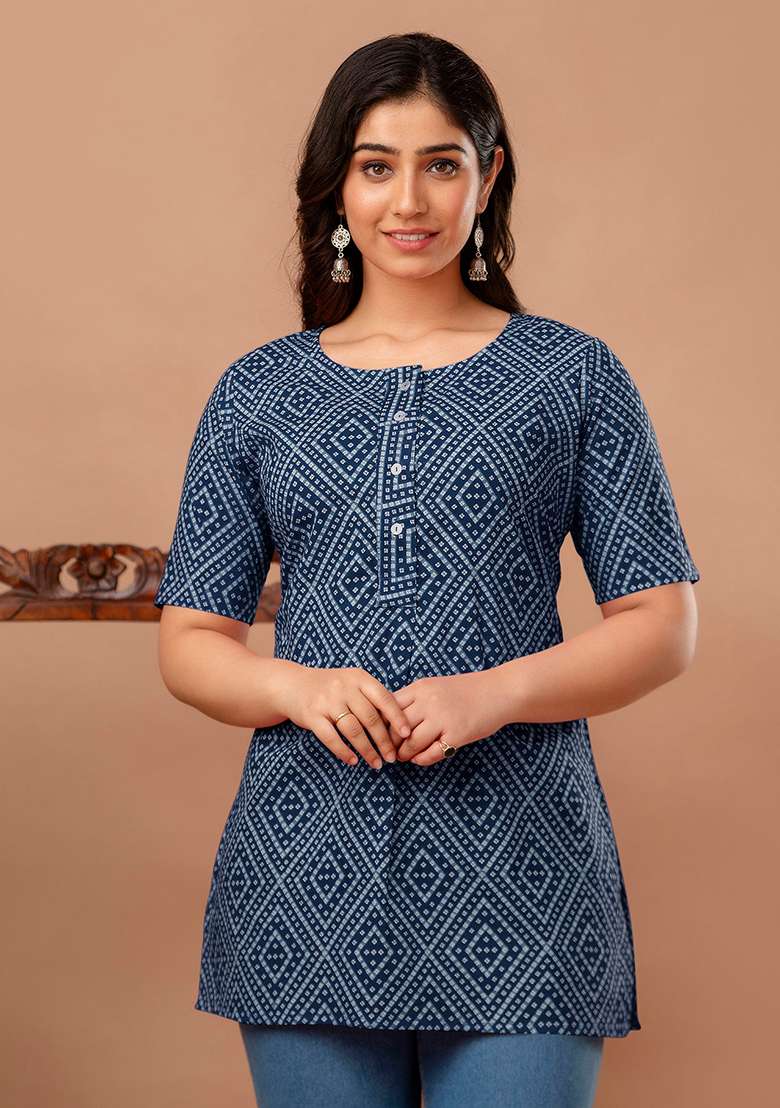 Blue Printed Cotton Kurta - Indya