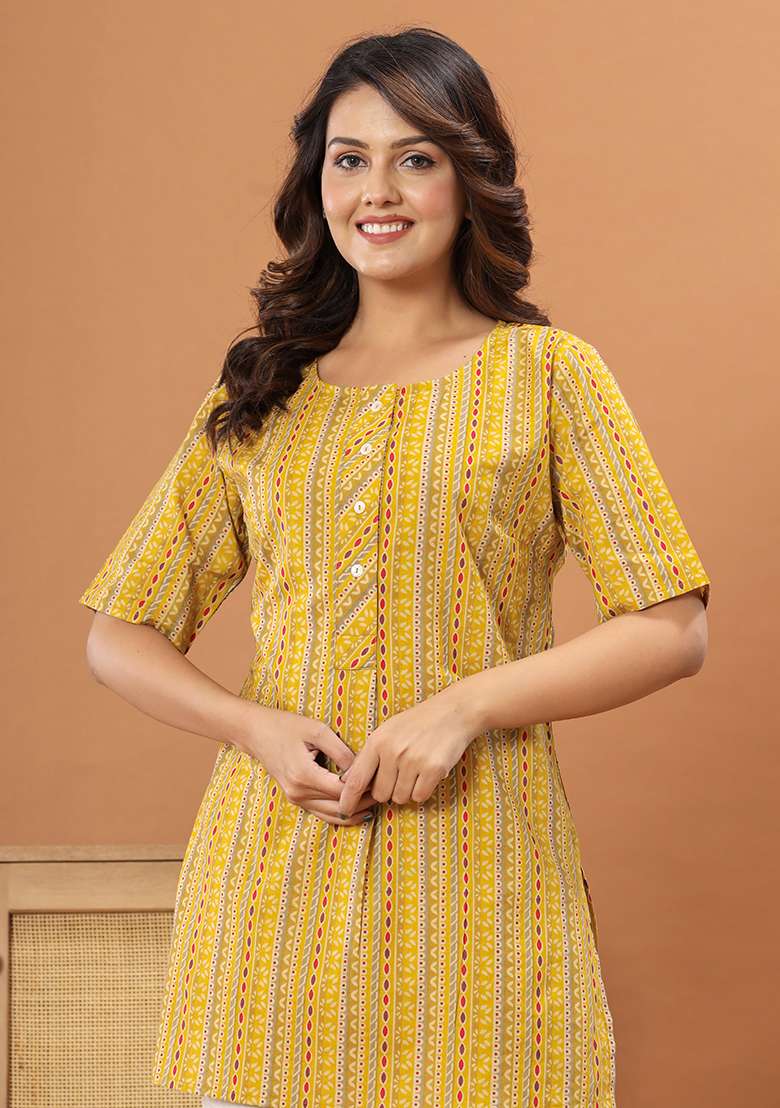 Yellow Striped Cotton Kurta - Indya