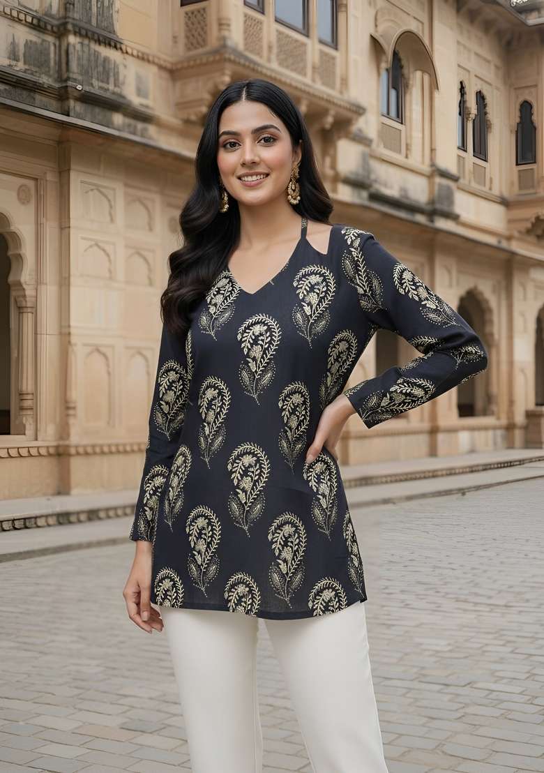 Black Printed Cotton Kurta - Indya