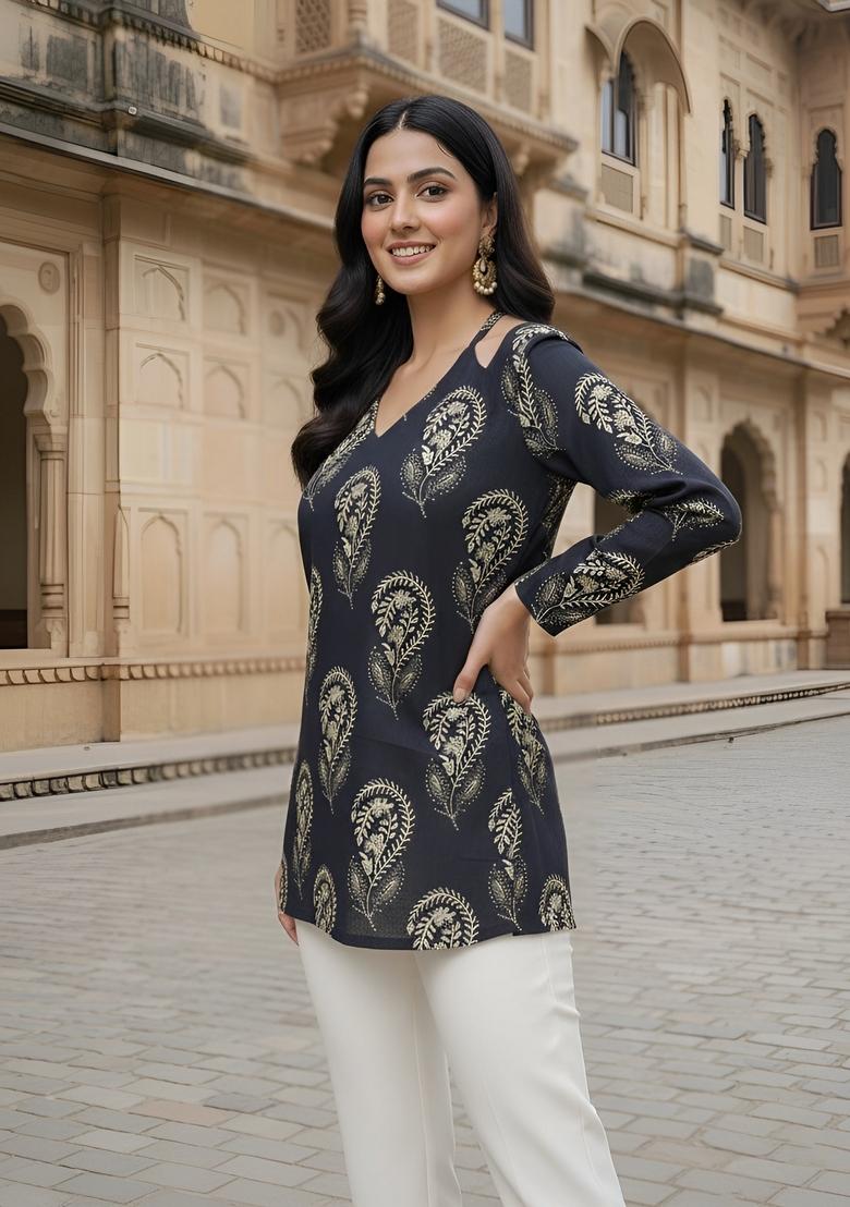 Black Printed Cotton Tunic - Indya