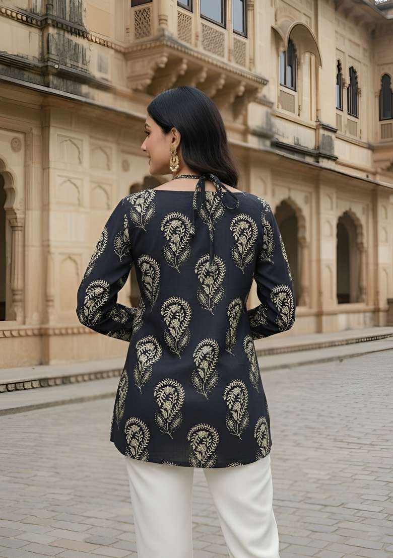 Black Printed Cotton Kurta - Indya