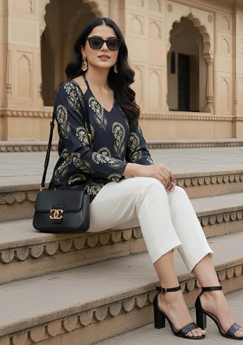 Black Printed Cotton Tunic - Indya