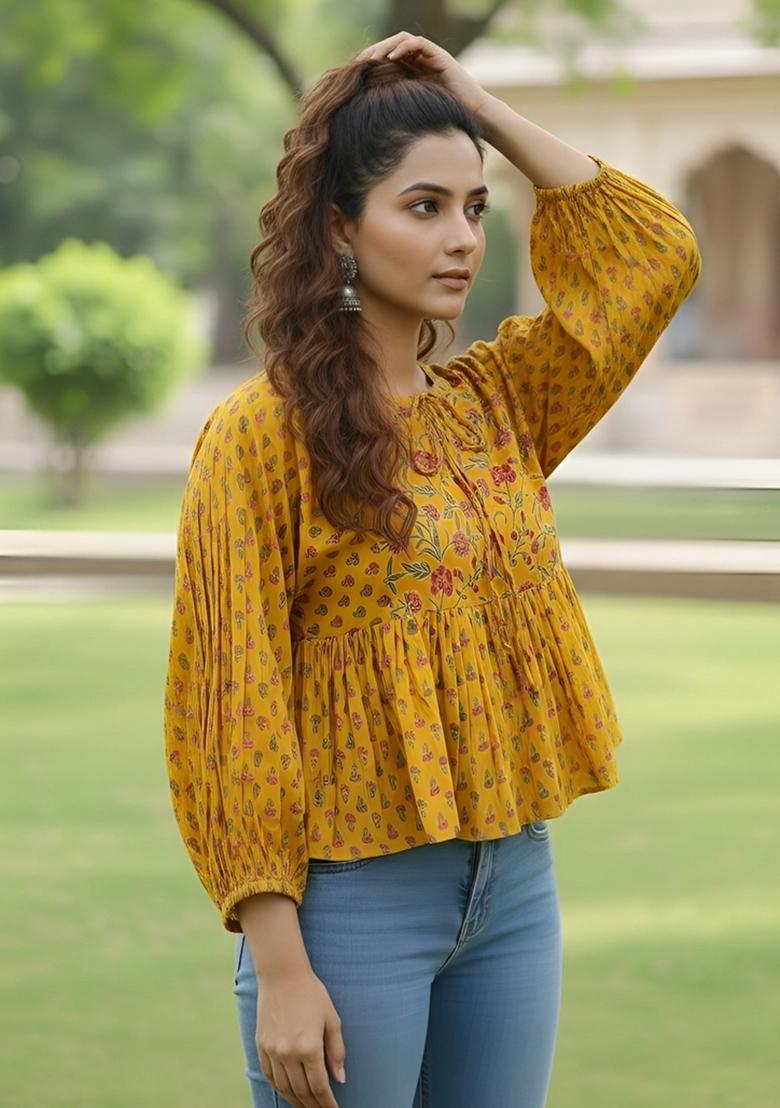 Yellow Printed Cotton Top - Indya