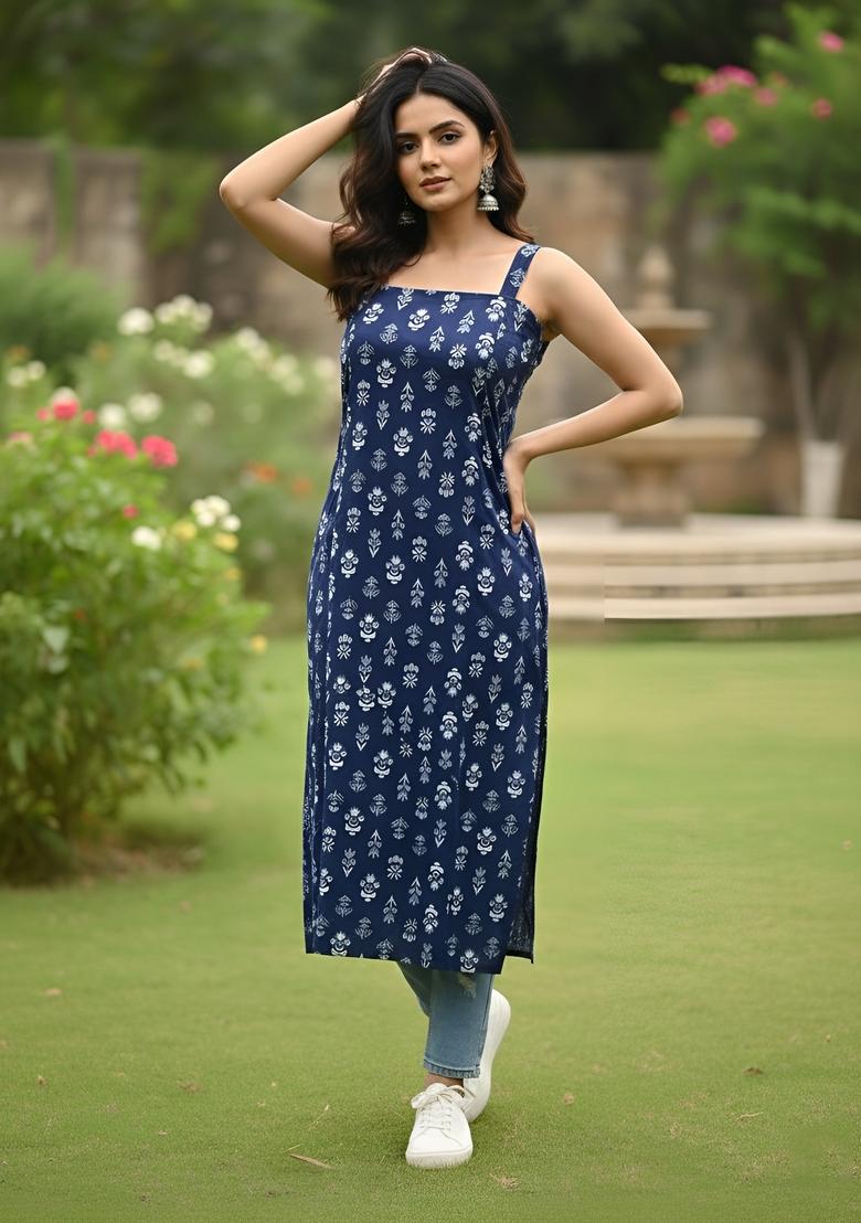 Blue Printed Cotton Kurta - Indya