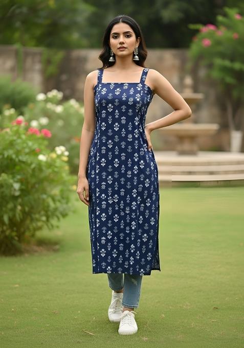 Blue Printed Cotton Kurta