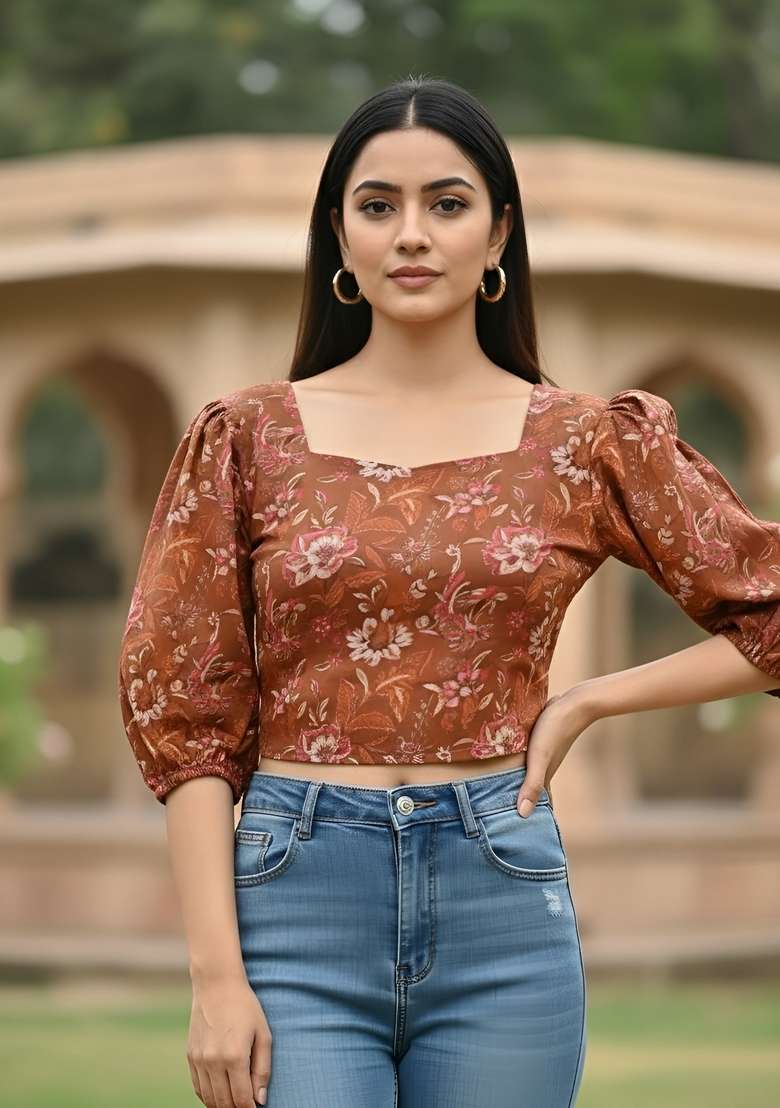 Rust Floral Print Cotton Kurta - Indya
