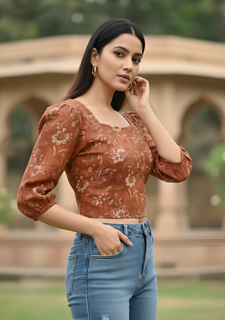 Rust Printed Cotton Top - Indya