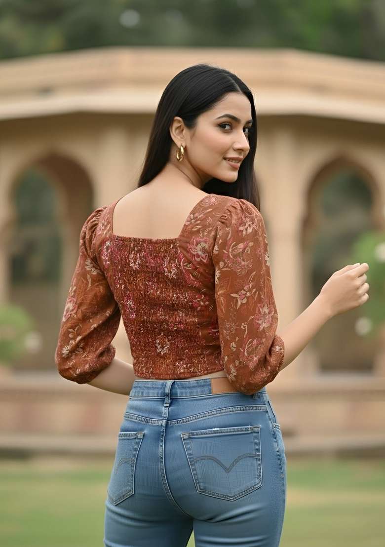 Rust Floral Print Cotton Kurta - Indya