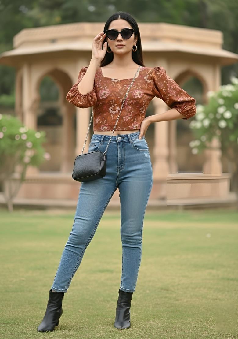 Rust Printed Cotton Top - Indya