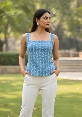 Blue Printed Cotton Top