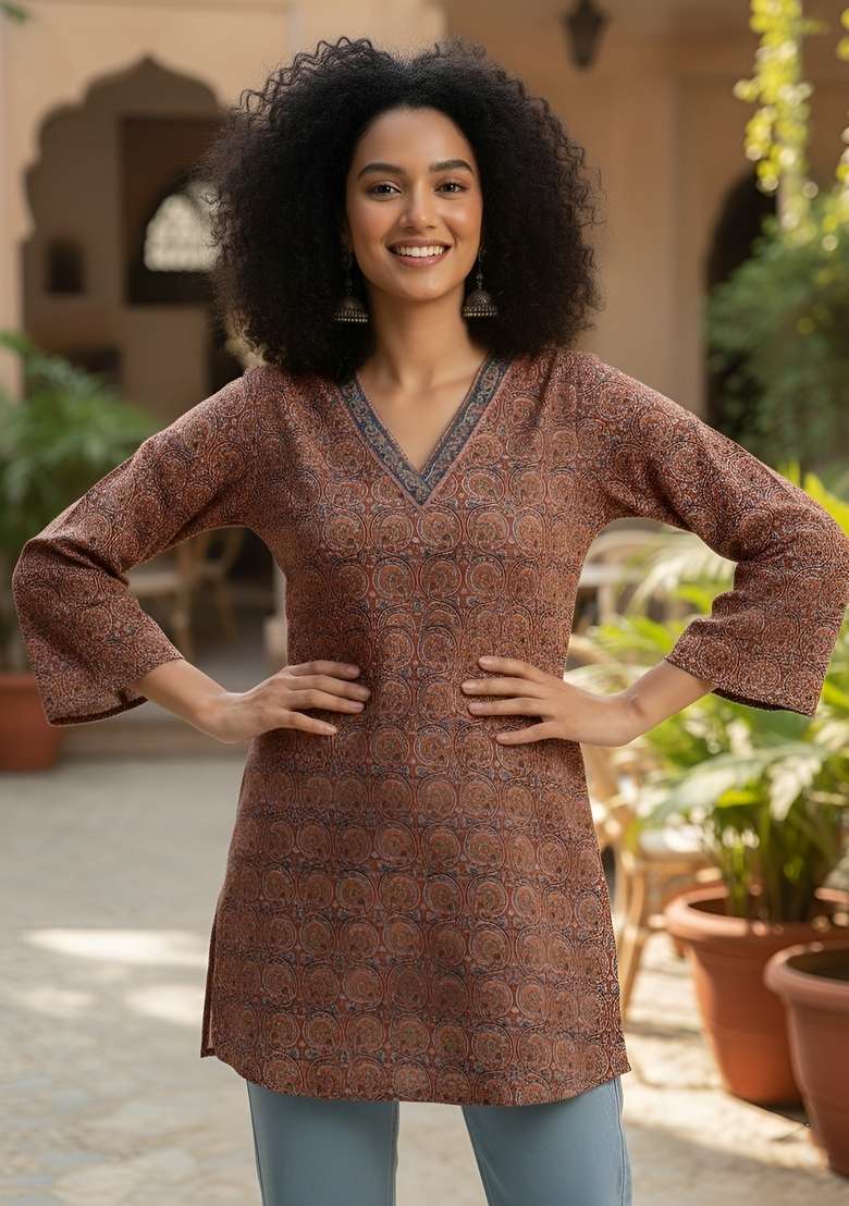 Maroon Printed Cotton Kurta - Indya