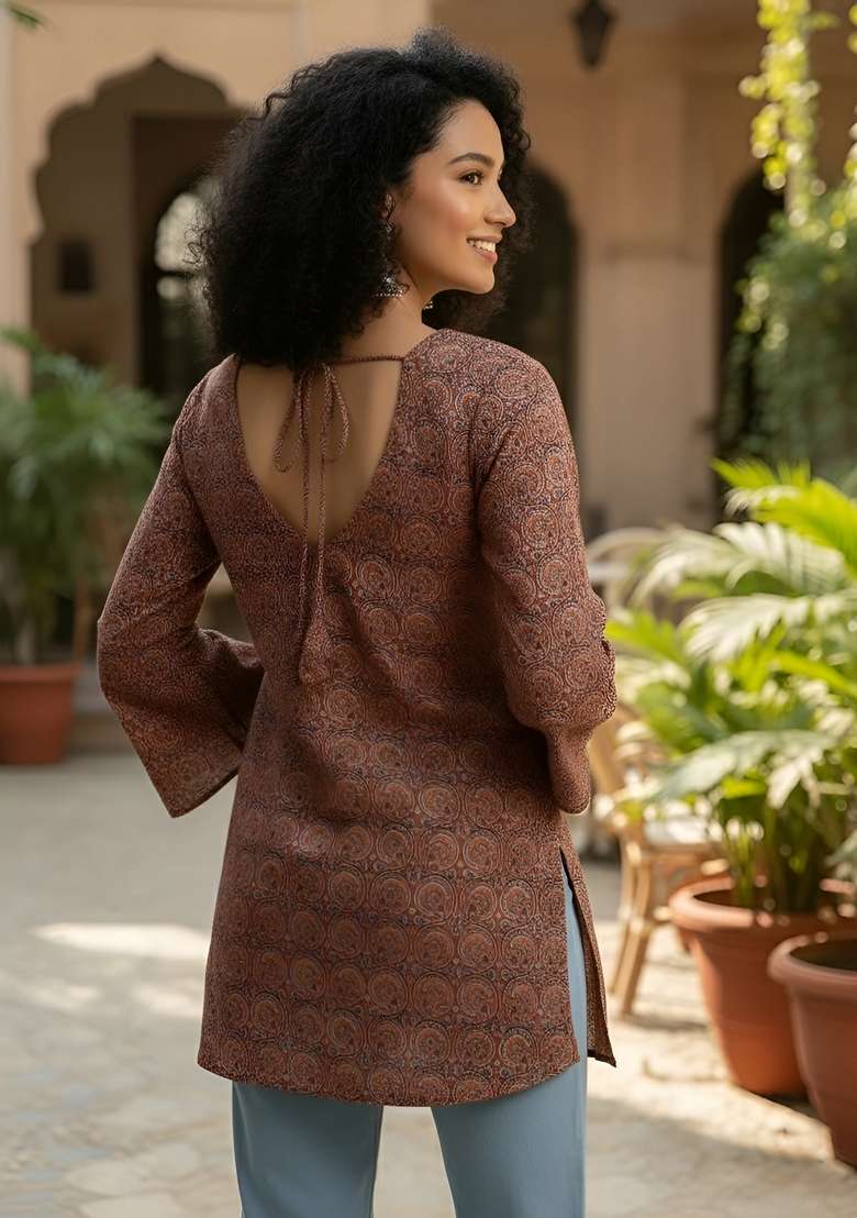 Maroon Printed Cotton Kurta - Indya