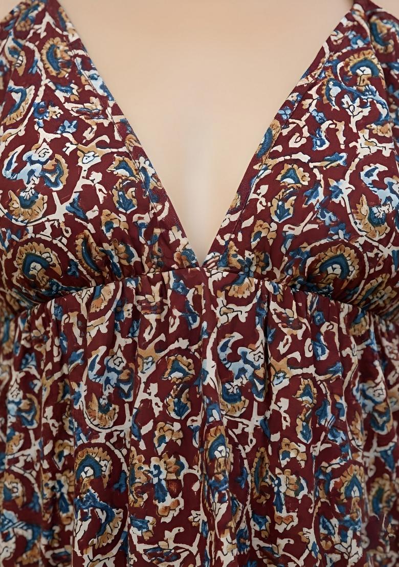 Maroon Printed Cotton Top - Indya