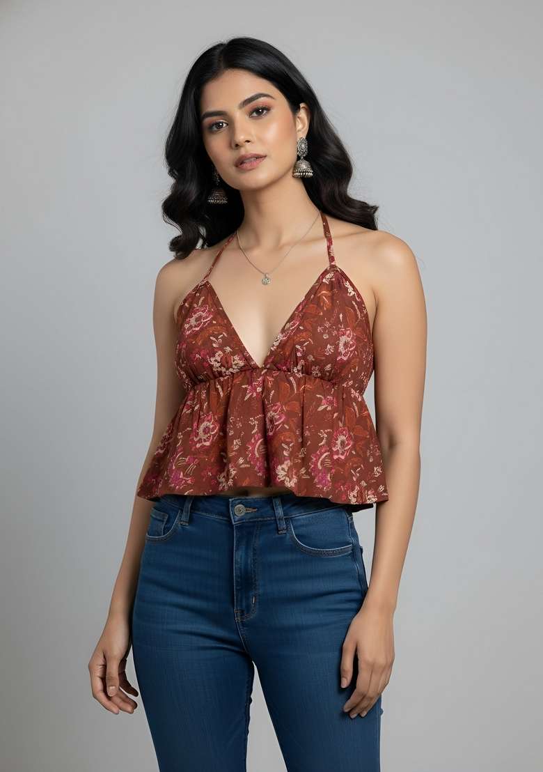 Rust Printed Cotton Top - Indya