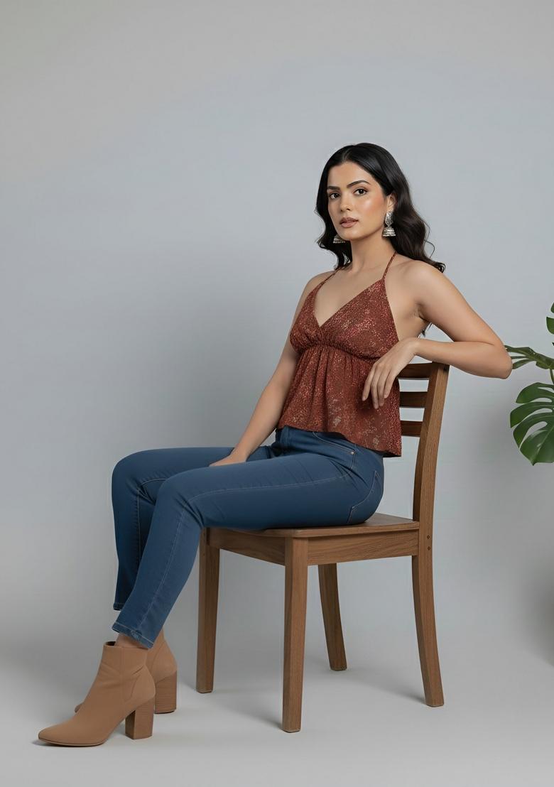 Rust Printed Cotton Top - Indya