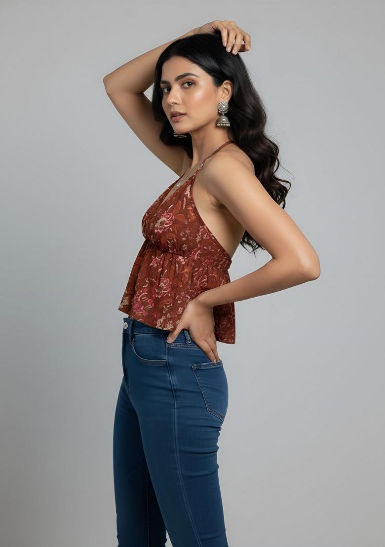 Rust Printed Cotton Top - Indya
