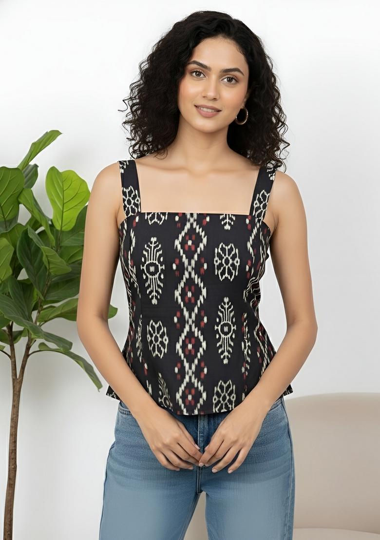 Black Printed Cotton Top - Indya