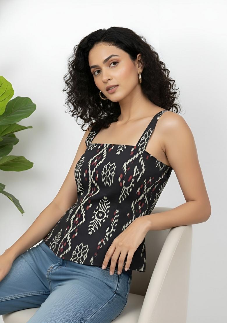 Black Printed Cotton Top - Indya