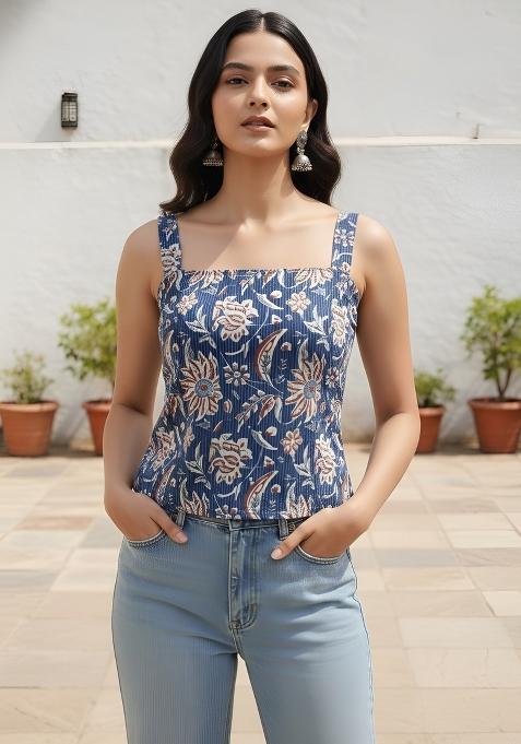 Blue Printed Cotton Top