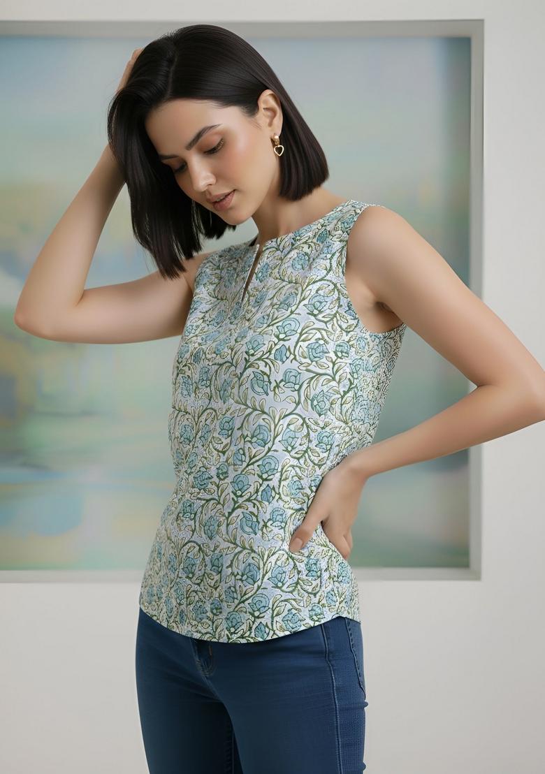 Grey Floral Print Cotton Top - Indya