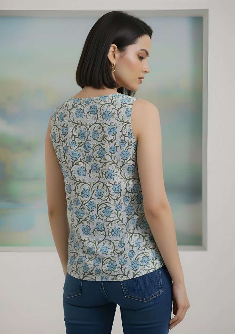 Grey Floral Print Cotton Kurta - Indya