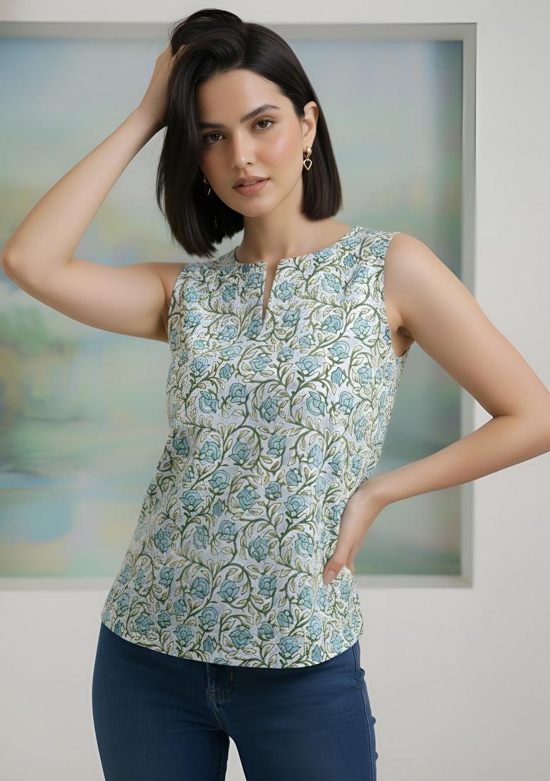 Grey Floral Print Cotton Top - Indya