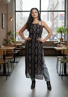 Black Printed Cotton Kurta
