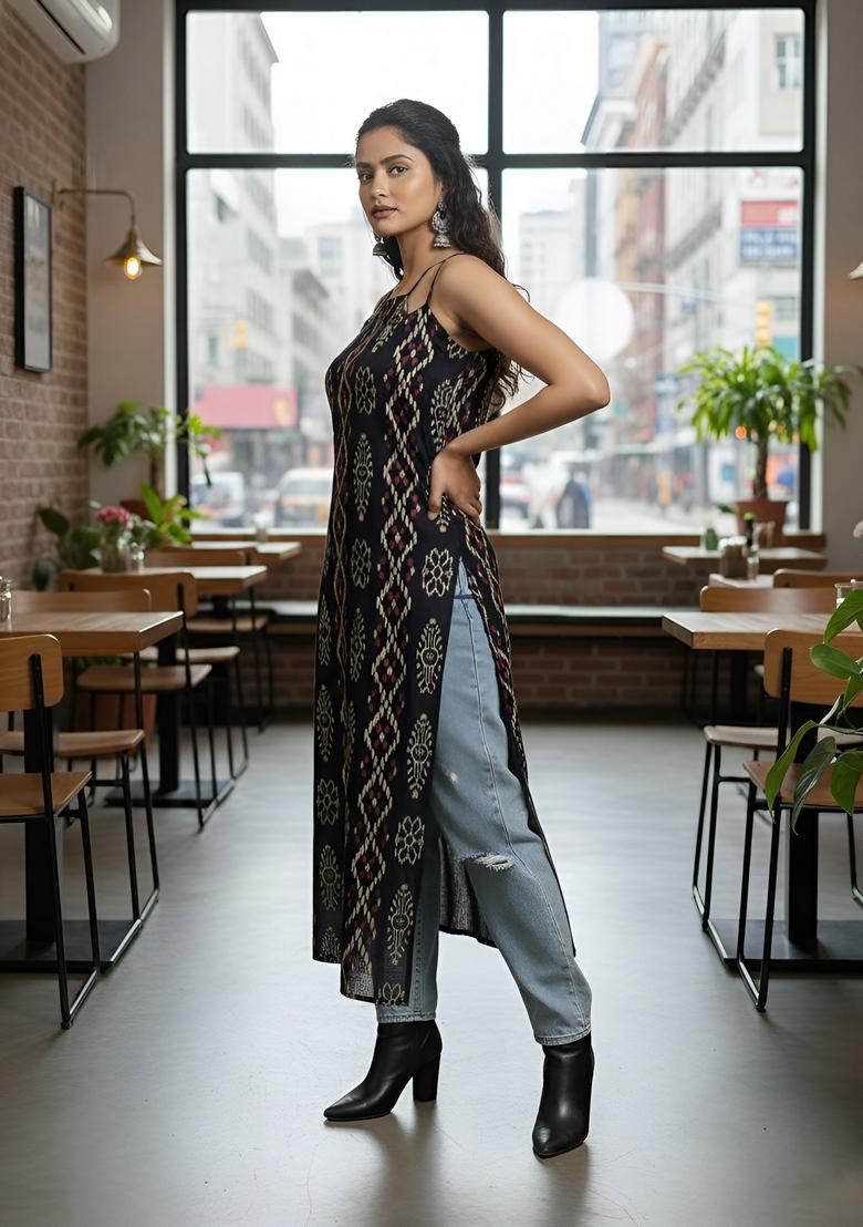 Black Printed Cotton Kurta - Indya