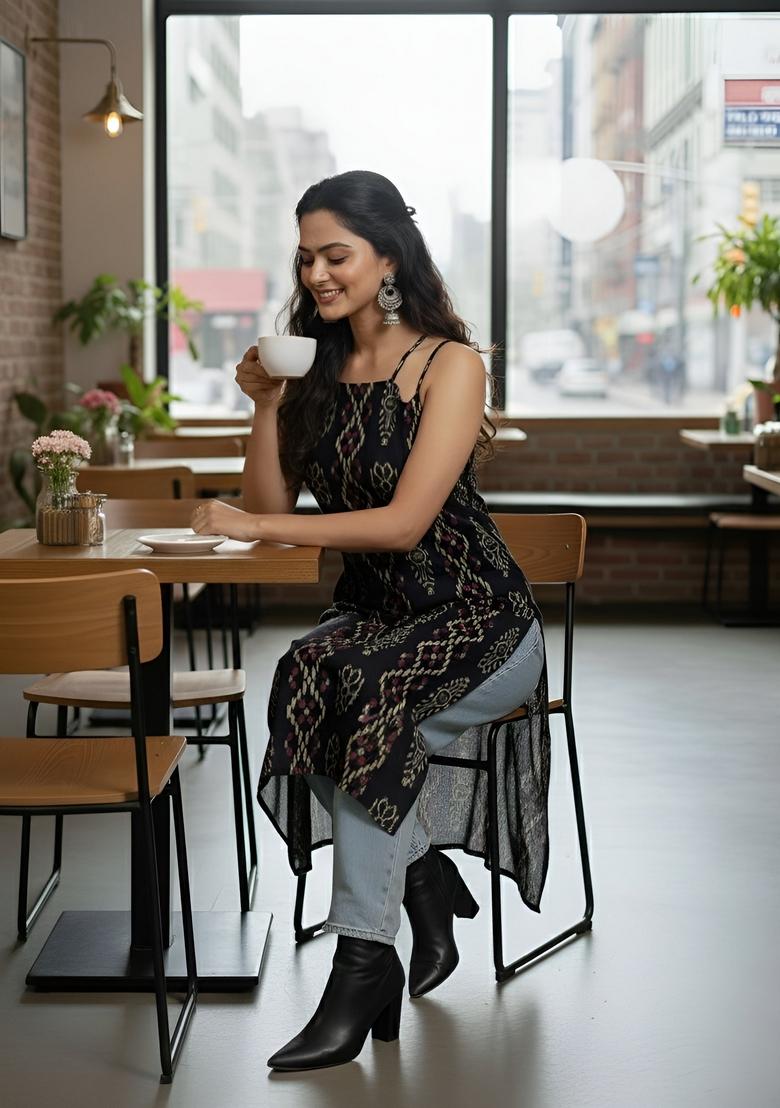 Black Printed Cotton Kurta - Indya