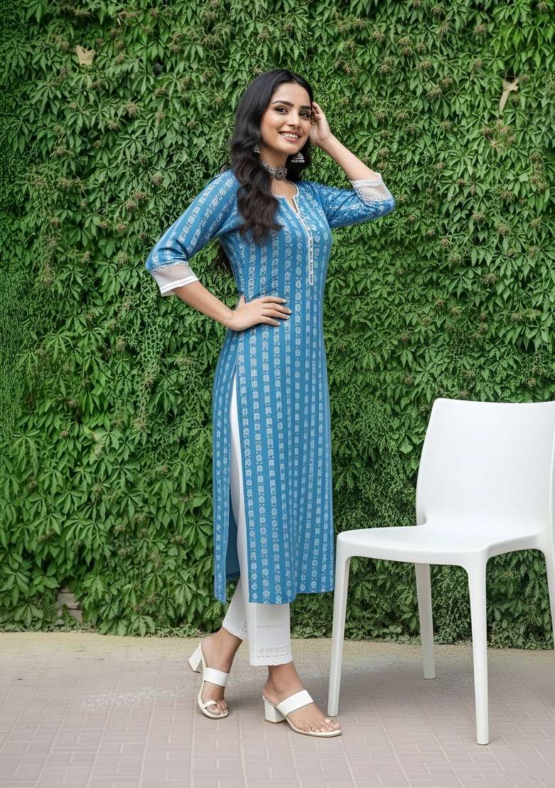 Blue Printed Cotton Kurta - Indya