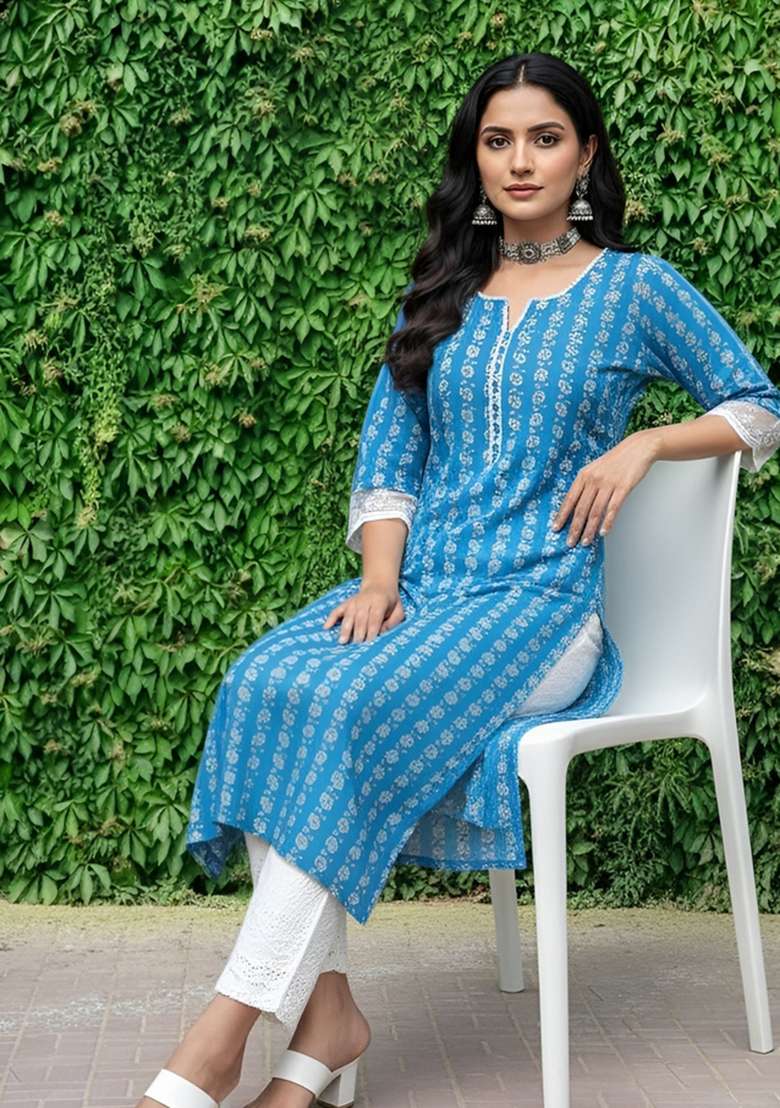 Blue Printed Cotton Kurta - Indya