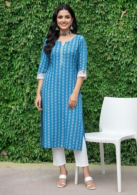 Blue Printed Cotton Kurta