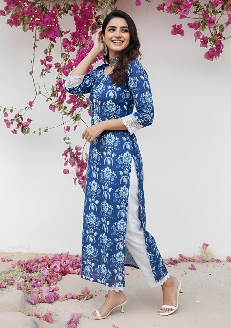 Blue Printed Cotton Kurta - Indya