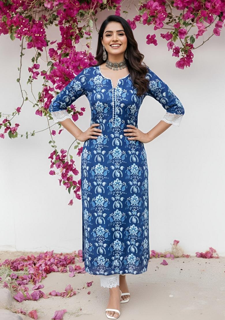 Blue Printed Cotton Kurta - Indya